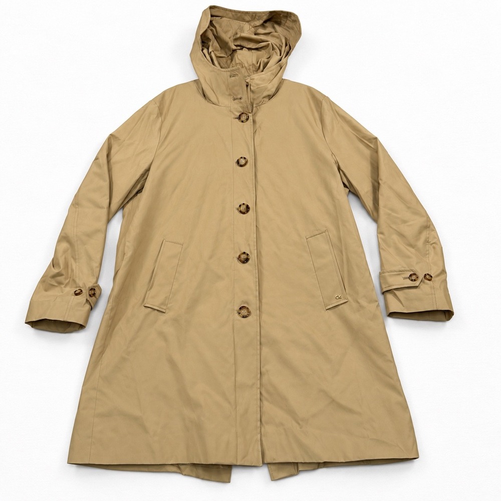 Calvin Klein Womens XL Tan Khaki Hooded Single Breasted Trench Coat Jacket